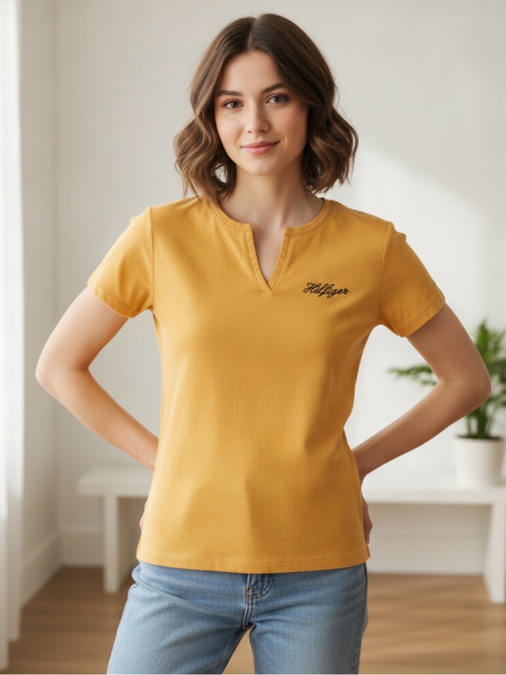 Tommy Hilfiger Women's Mustard Yellow V-Notch Tee